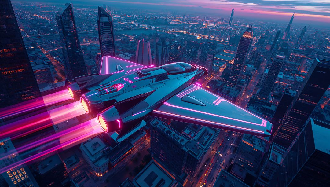 Soaring futuristic starship with magenta thrusters over neon cyberpunk cityscape at dusk