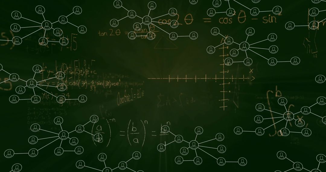 Mathematical Equations and Network Diagrams on Chalkboard