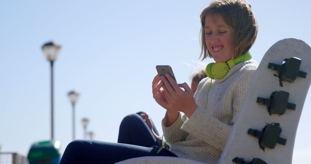 Smiling young woman using smartphone outdoors with headphones - Free Images, Stock Photos and Pictures on Pikwizard.com