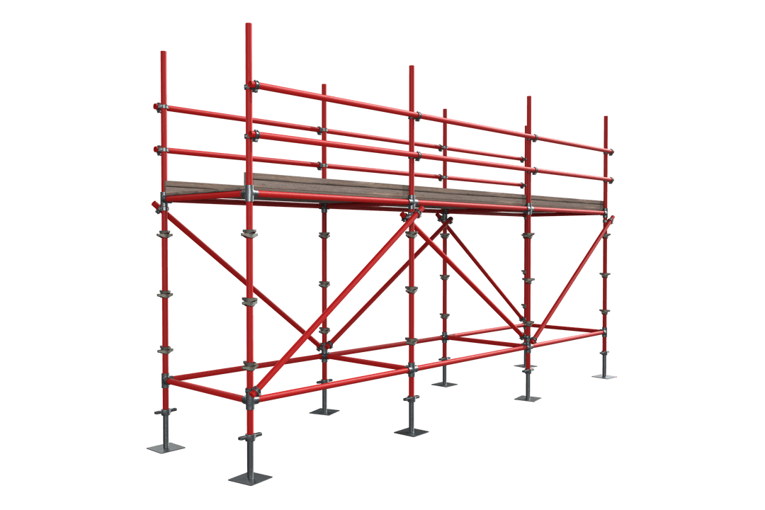 Transparent Red Scaffold with Wooden Planks for Construction Projects
