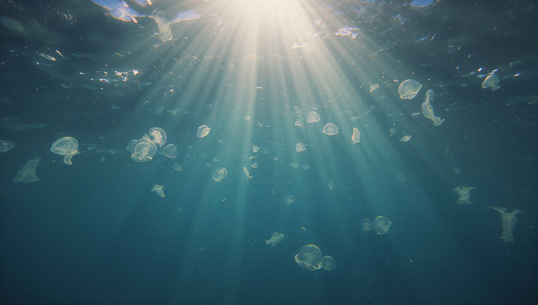 Translucent Jellyfish Illuminated by Sunlight in Ocean Depths