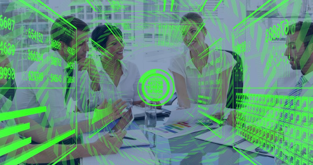 Business Team Collaborating with Data Overlay in Office Environment