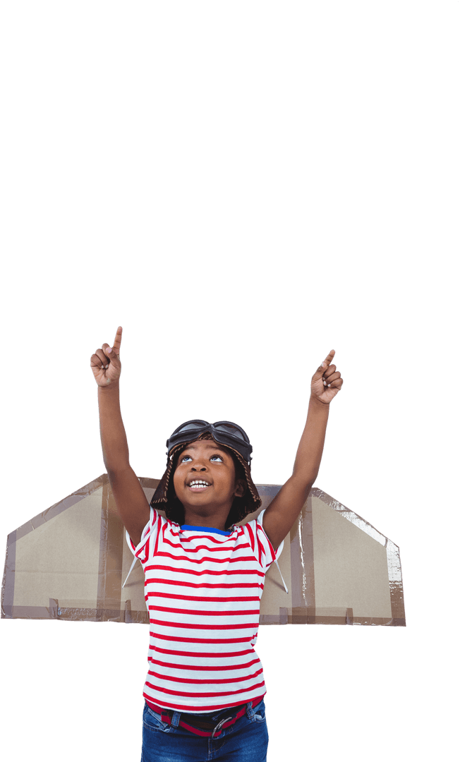 Joyful Child Pretending Pilot with Cardboard Wings on Transparent Background