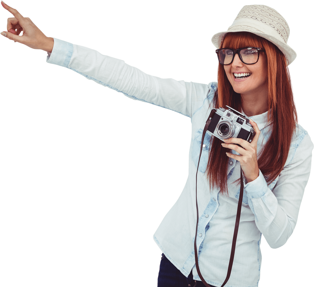 Hipster Woman with Camera Wearing Hat on Transparent Background