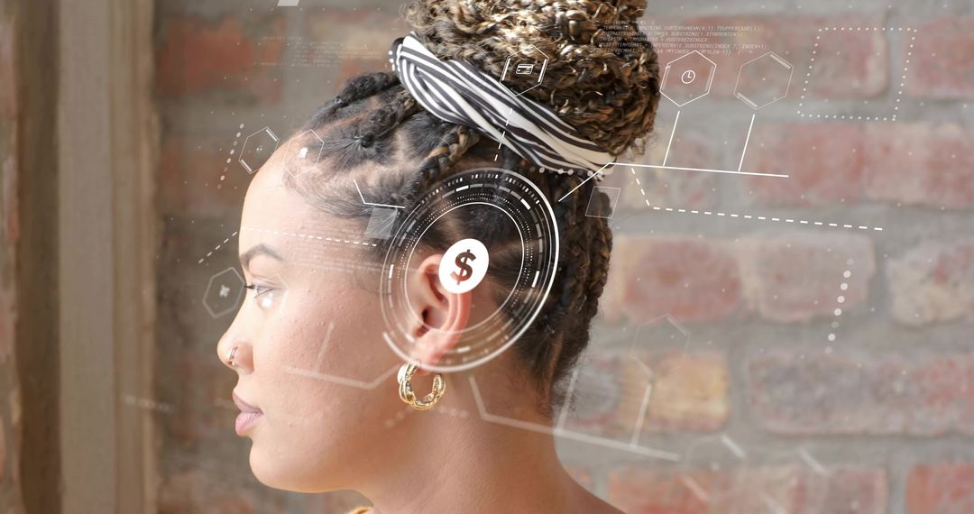 Woman Wearing Headband Viewing Augmented HUD with Dollar Icon for Fintech Innovation