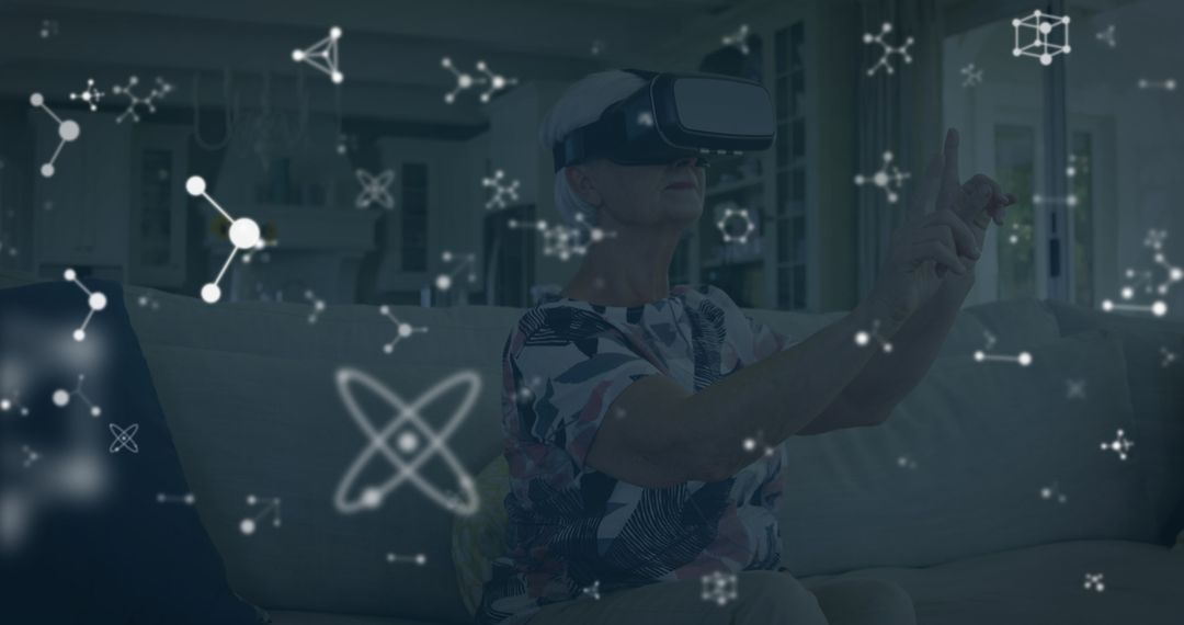 Senior Woman Exploring Virtual Reality with Tech Visuals