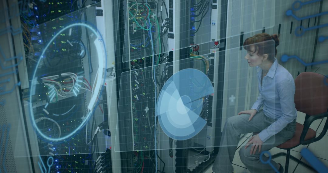 Woman Analyzing Data Servers with Digital Projections