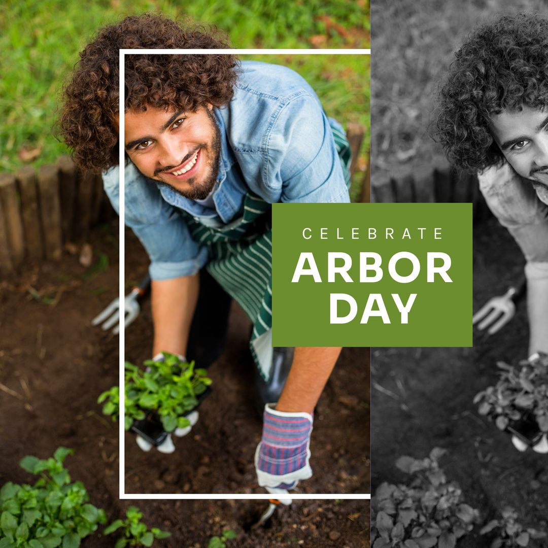 Smiling Man Gardening in Celebration of Arbor Day
