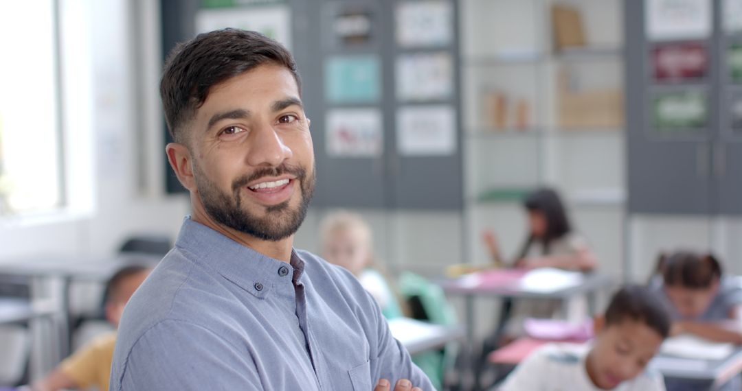 Confident Teacher Overseeing Diverse Classroom in School