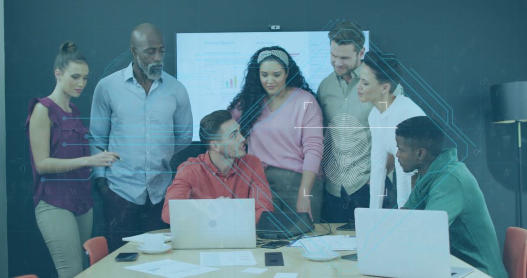 Diverse Team Collaborating on Modern Technology Project in Office