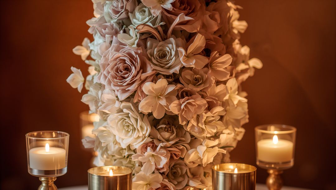 Rose Cascade Centerpiece with Candlelight and Gold Votives for Elegant Reception