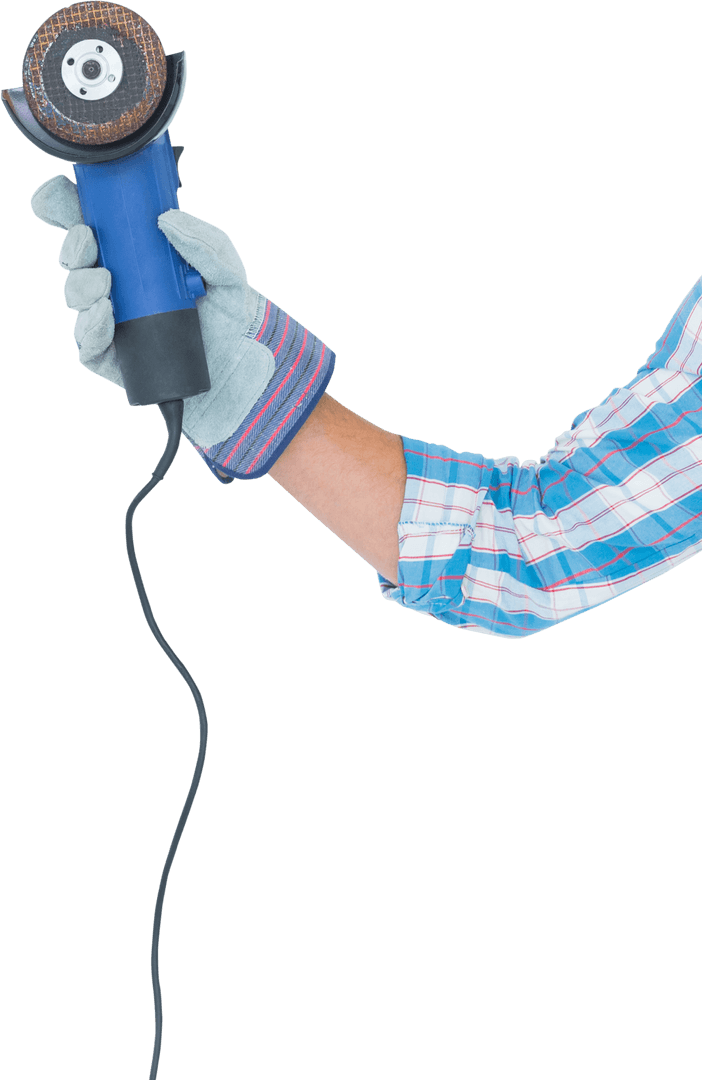 Gloved Hand Holding Blue Power Saw Transparent Background