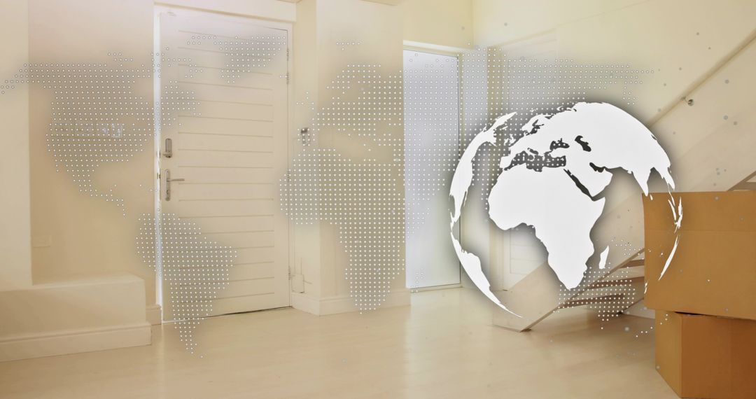 White globe overlay on modern foyer with staircase and moving boxes for global relocation