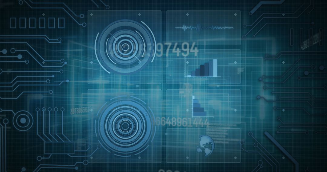 Futuristic digital interface with data visualization and networking elements