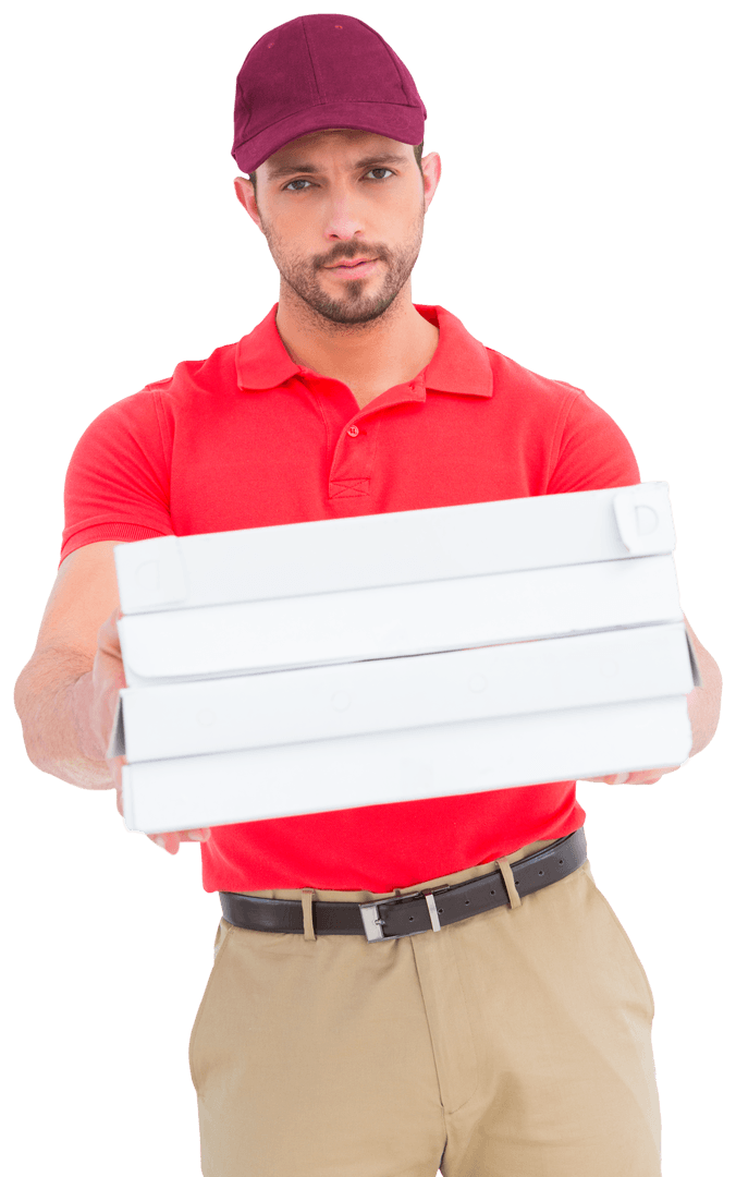 Transparent Delivery Person Offering Pizza Boxes
