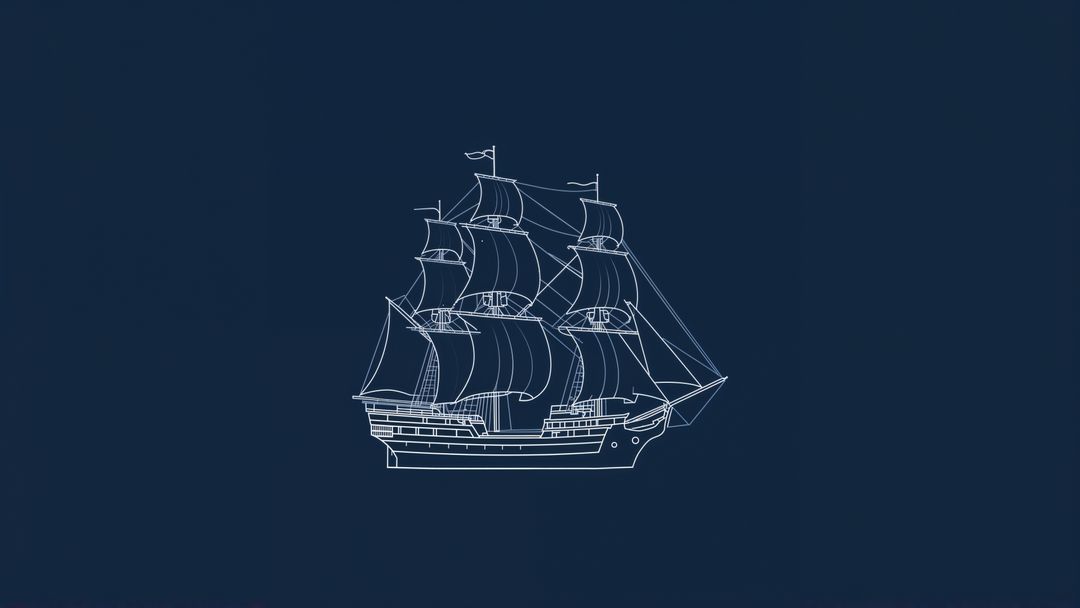 White three-masted sailing pirate ship blueprint on dark blue background