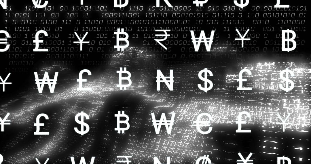 Abstract Global Currency Symbols on Digital Binary Background