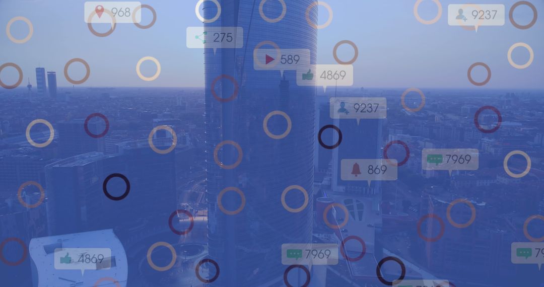 City Skyline with Digital Notifications in Futuristic Display