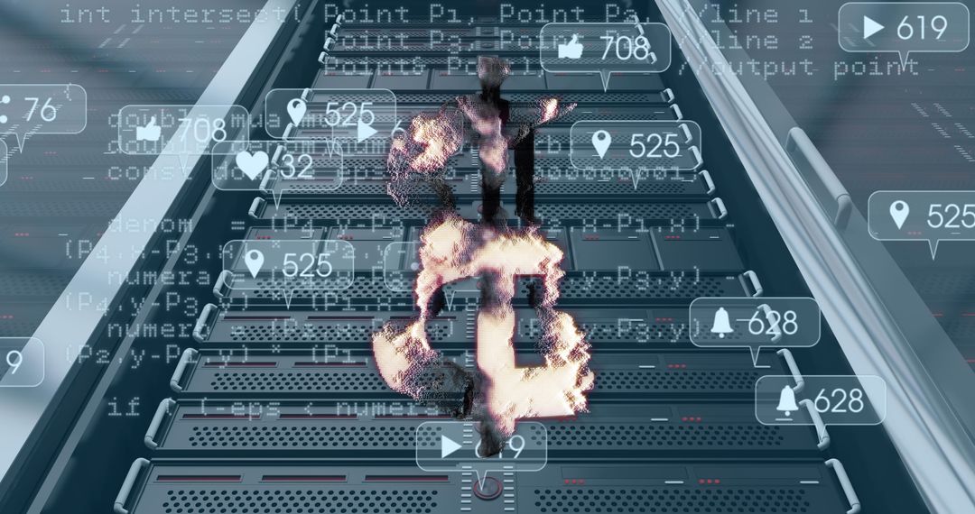 Digital Bitcoin Symbol Over Server Room Glowing Through Data Skewed concept