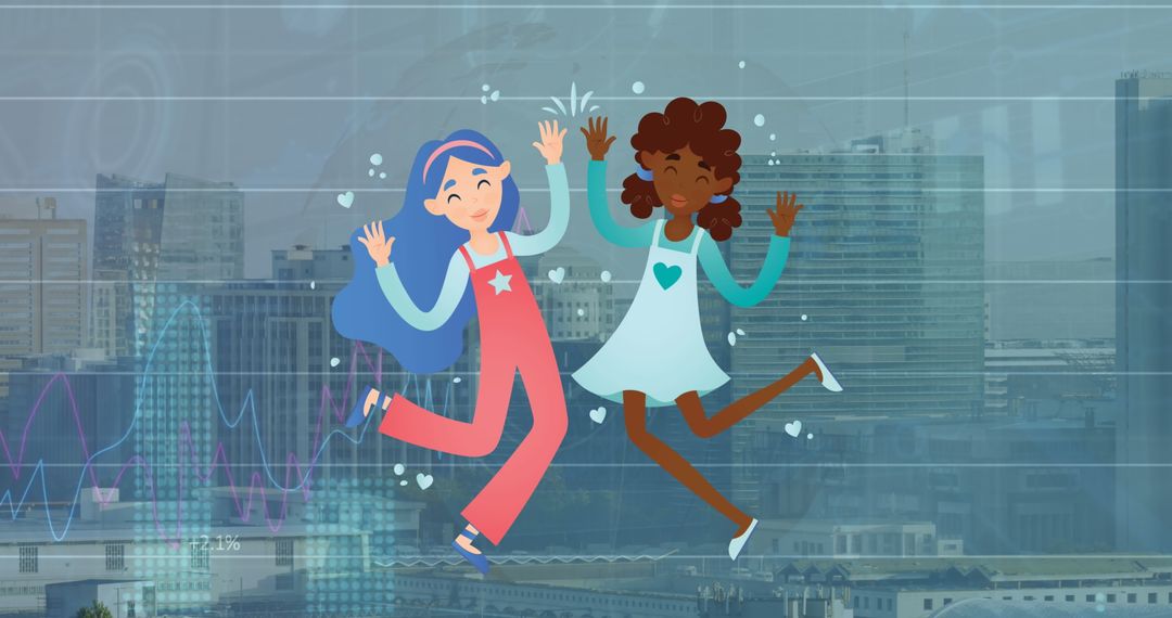 Animated Girls Celebrating Against Vibrant Urban Backdrop