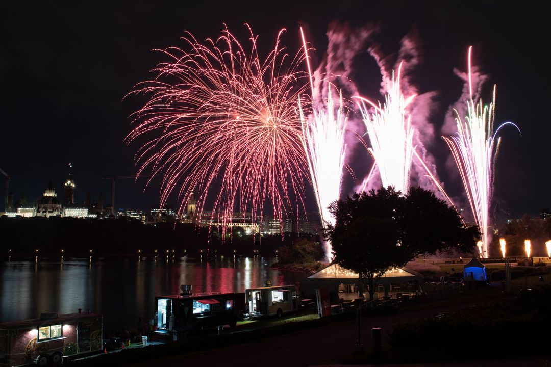 Spectacular Fireworks Exploding Over Riverside Cityscape at Night