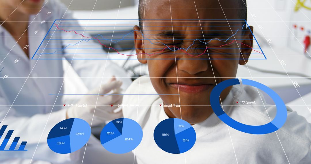Child Receiving Vaccine Injection Amid Analytical Data Overlay