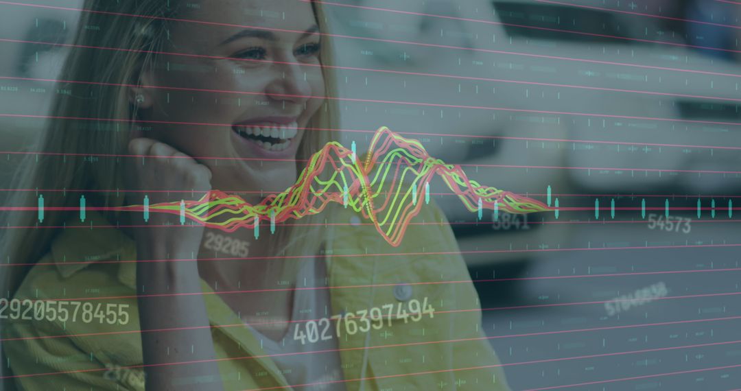 Smiling Woman with Data Overlay at Cafe