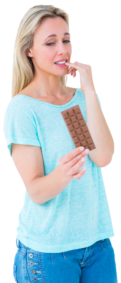 Transparent image of woman feeling guilty about chocolate bar - Download Free Stock Images Pikwizard.com