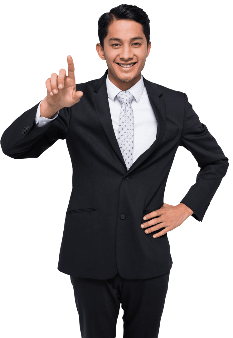 Smiling Businessman in Suit Making Presentation Gesture Transparent