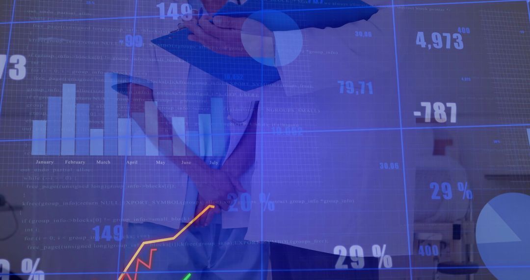 Business Professionals Analyzing Metrics with Technology Overlay