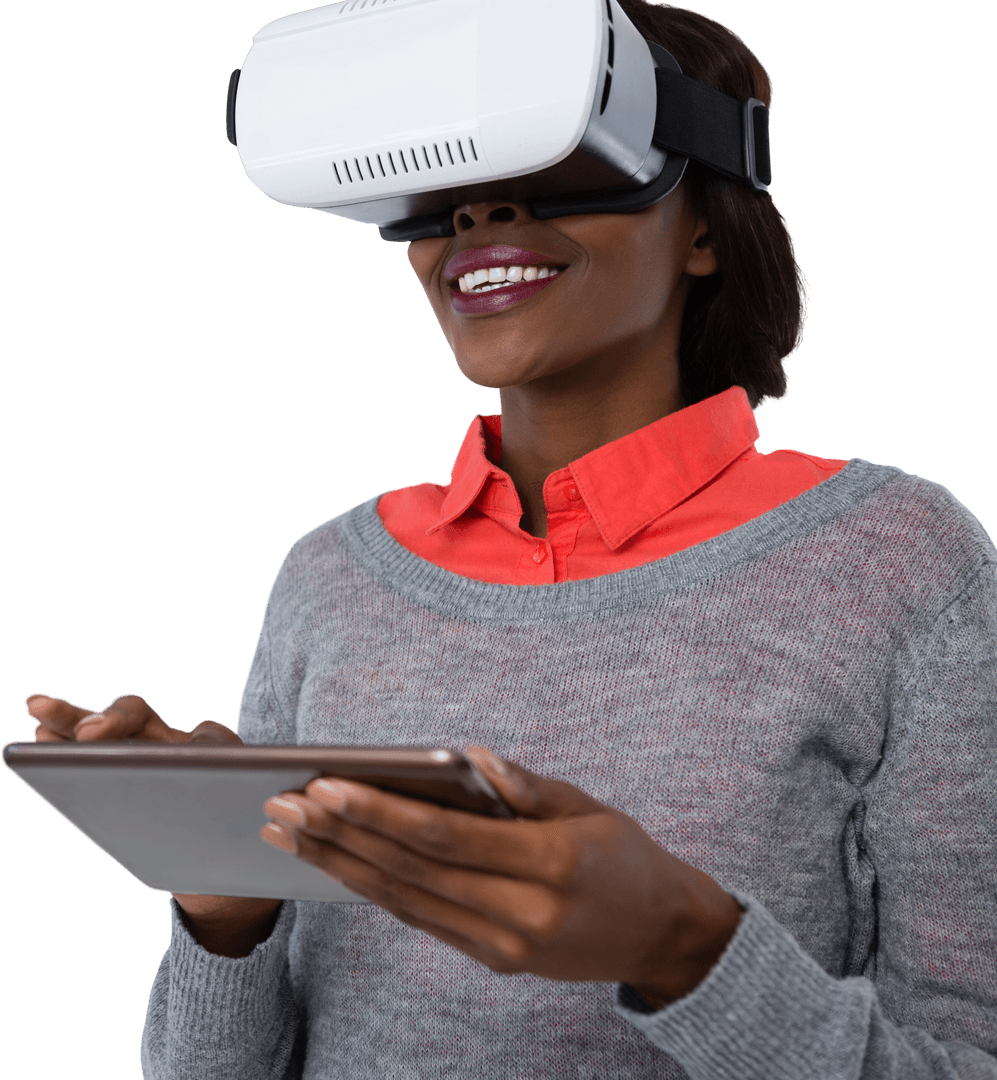 Smiling Woman with Transparent VR Glasses Holding Tablet - Download Free Stock Images Pikwizard.com