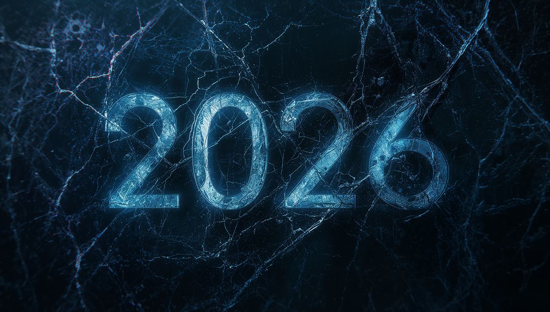 2026 Neon Ice Numerals with Cracked Blue Fissures Futuristic Glowing Year Design