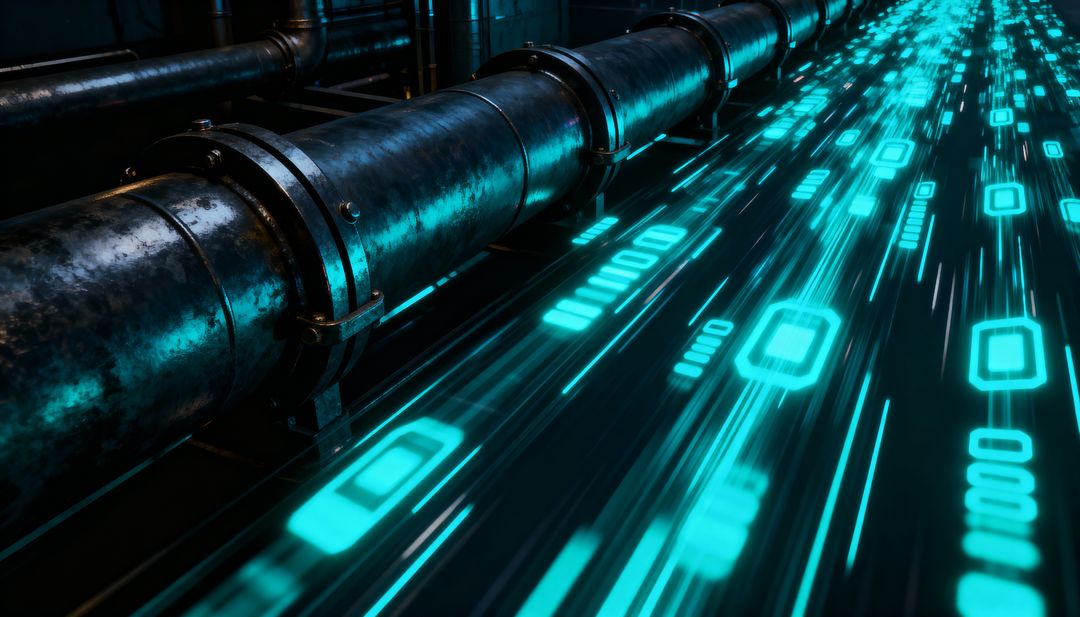 Running industrial metal pipeline in utility tunnel emitting neon cyan digital data stream