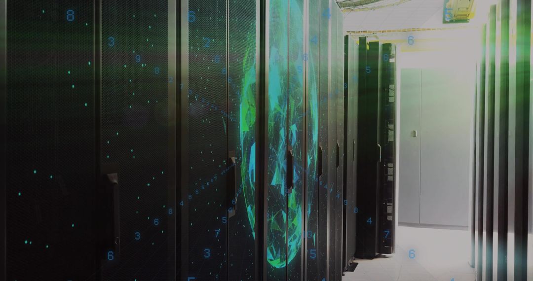 Futuristic Data Center with Holographic Technology Overlay