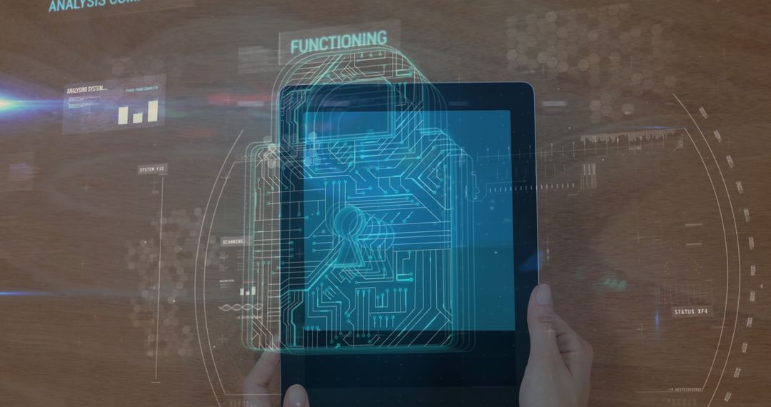 Futuristic Digital Interface on Tablet with Data Analysis Overlay