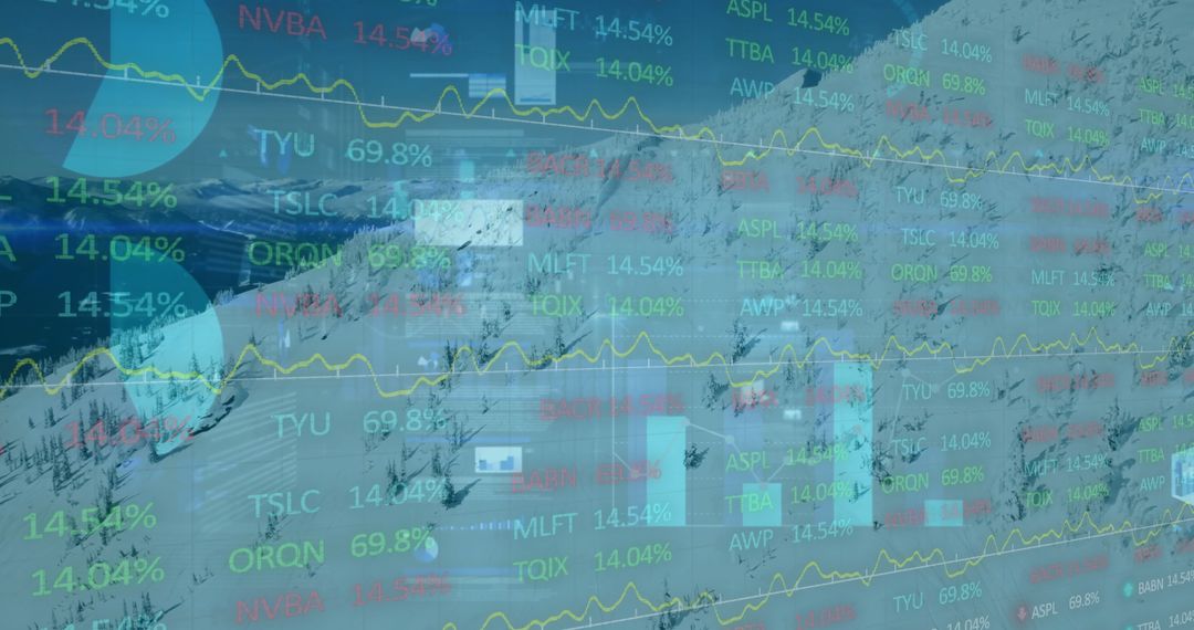Financial Data Analysis Overlaid on Snowy Mountain Landscape