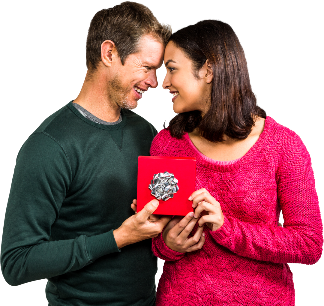 Happy Couple Embracing While Holding Transparent Gift Box with Silver Bow - Download Free Stock Images Pikwizard.com