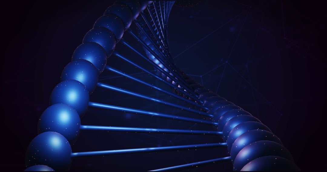 Close-Up of Macro Blue DNA Strand with Digital Connections