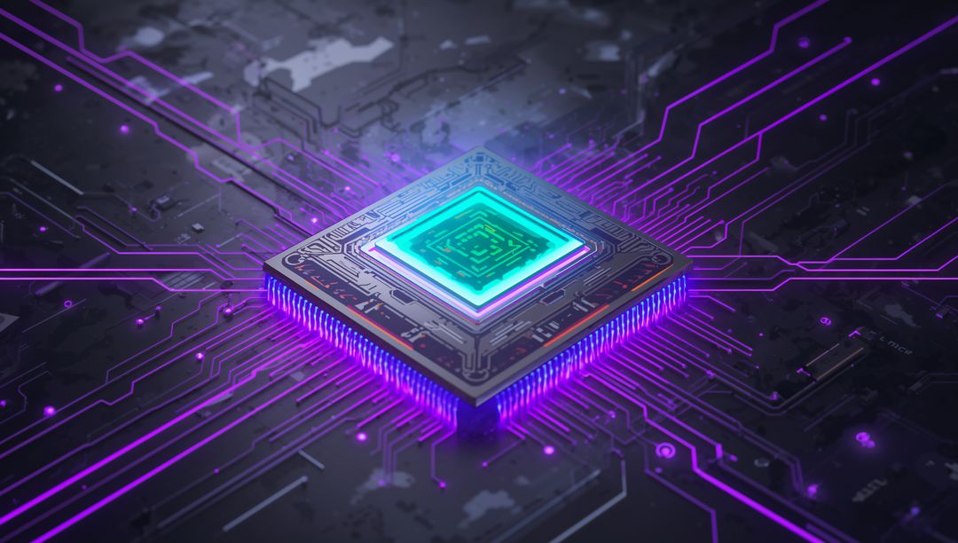 Pulsing Neon Microchip Emitting Cyan Core on Cyberpunk Circuit Board with Purple Traces