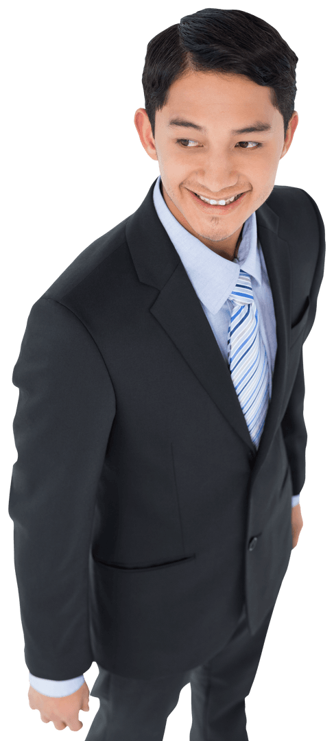 Smiling Asian Businessman Looking to Side on Transparent Background