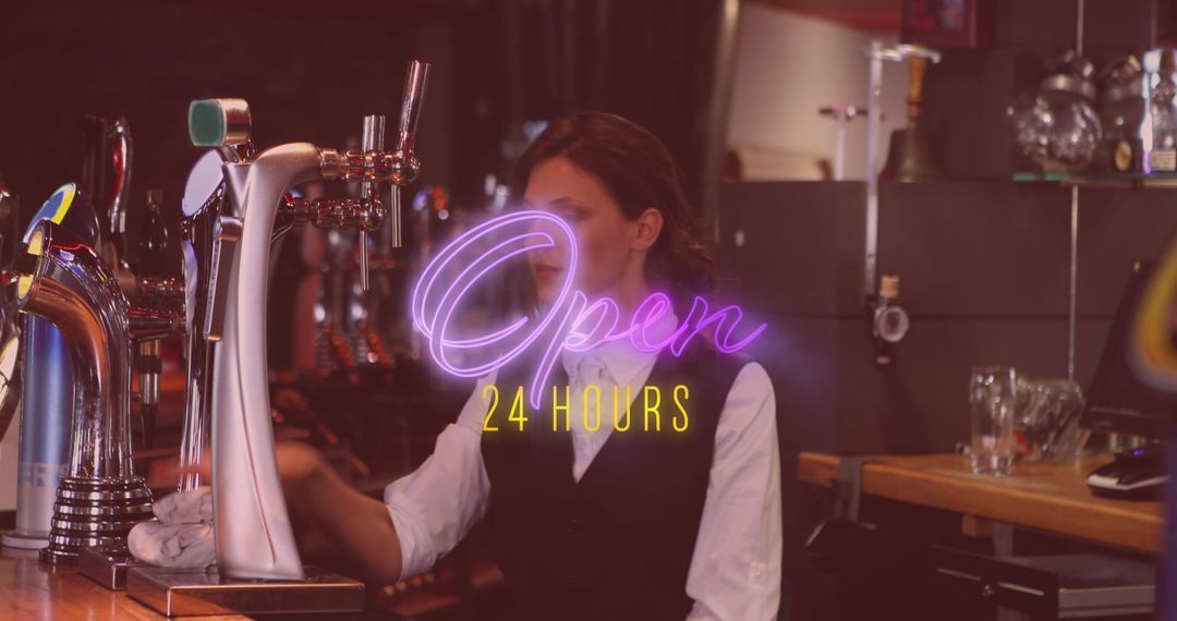 Neon Open 24 Hours Sign with Bartender Behind Bar