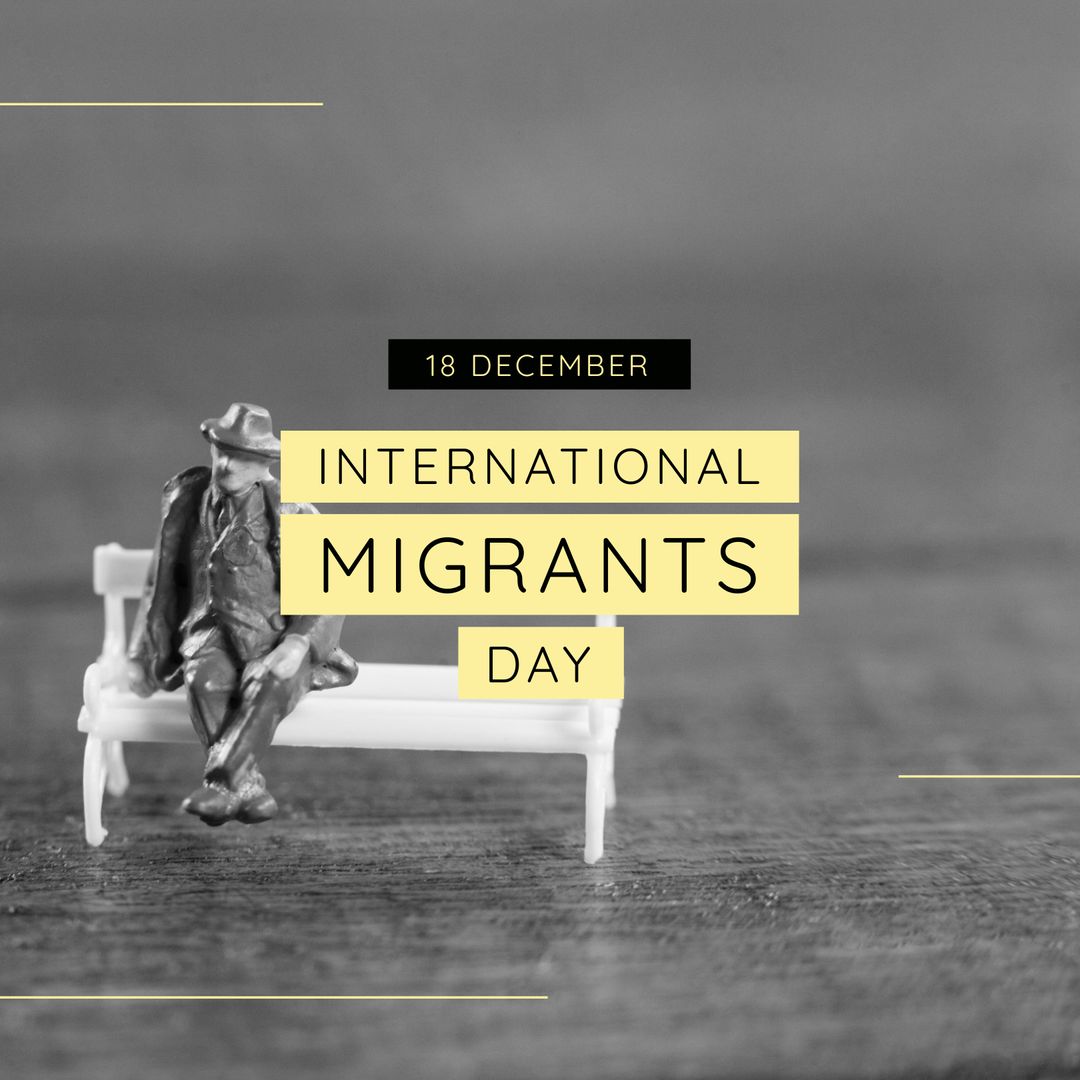 International Migrants Day Text Over Model Figurine on Bench