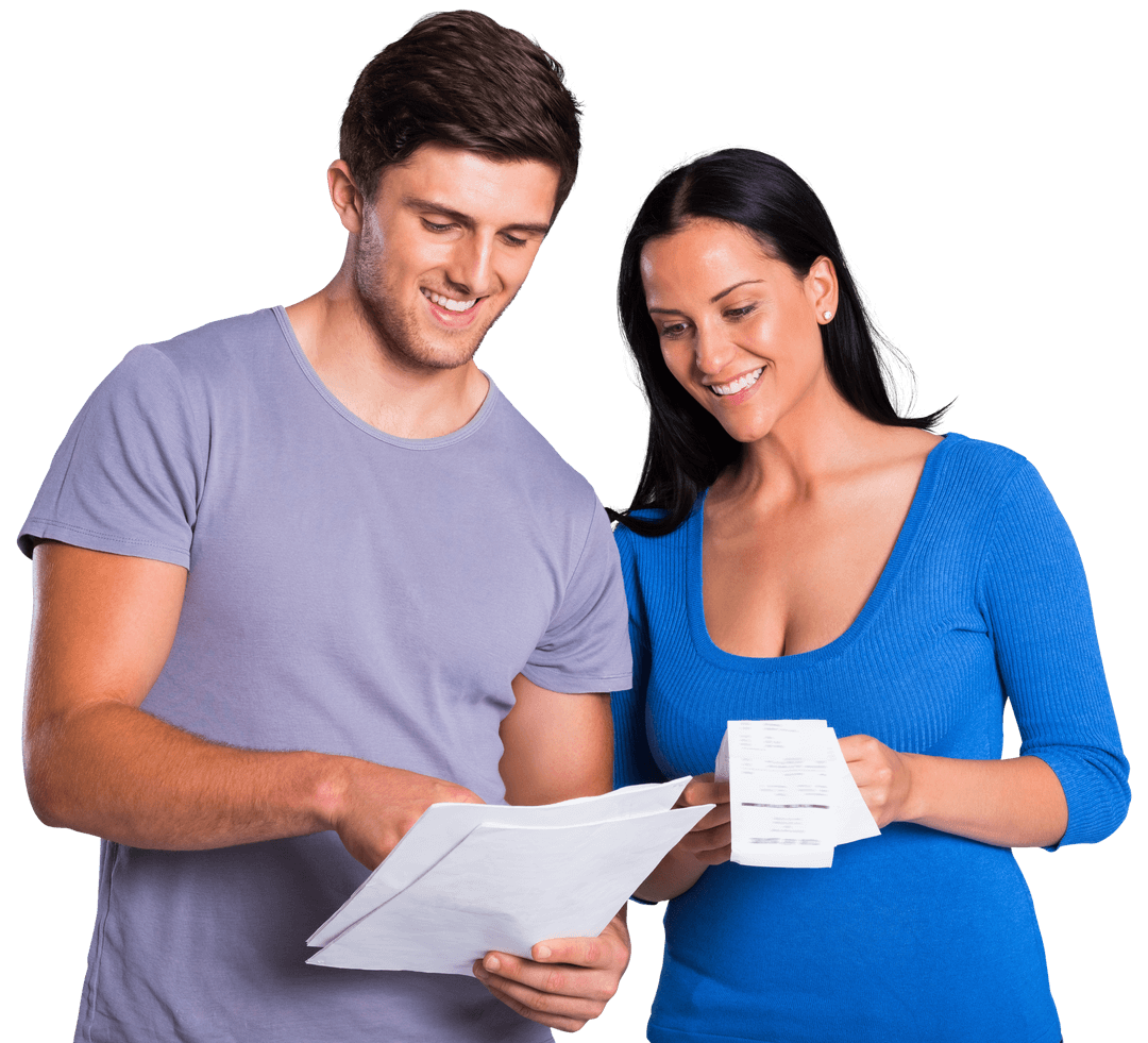 Young Couple Reviewing Bills, Transparent Background
