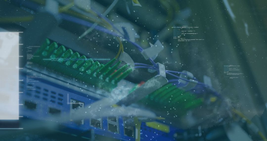 Close-up of Data Servers with Digital Interface Overlay