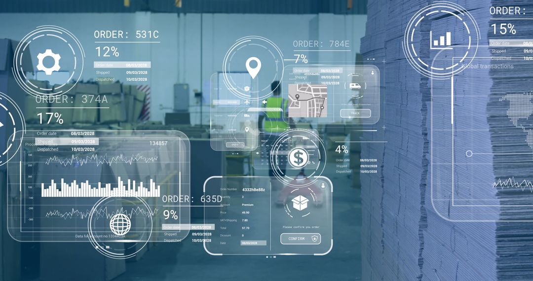 Digital Interface Displaying Data Analytics in Industrial Warehouse