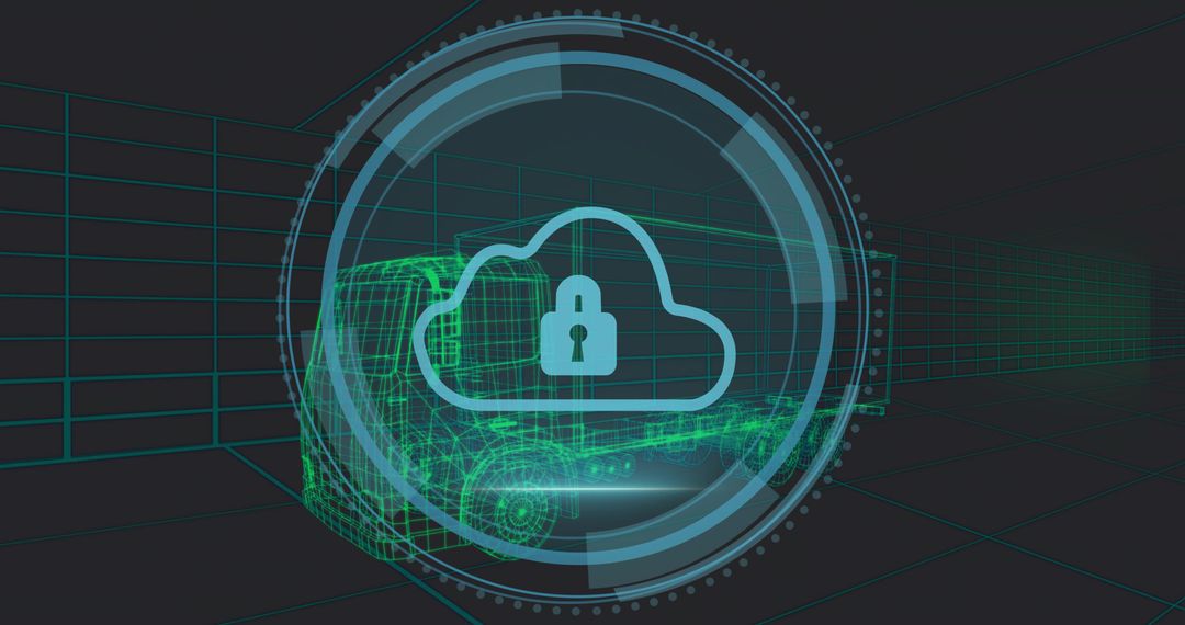 Securing Connected Fleet with Cloud Lock HUD, Neon Wireframe Truck, Cybersecurity