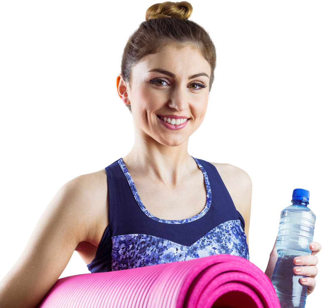 Fit Brunette Female Holding Yoga Mat with Water Bottle Transparent - Download Free Stock Images Pikwizard.com