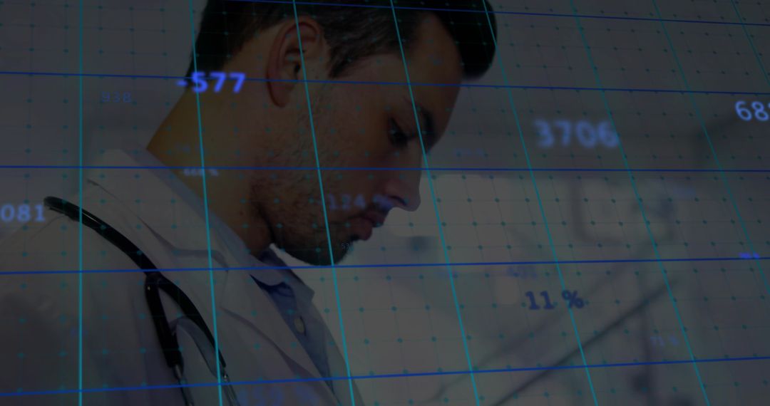 Doctor Using Technology in Healthcare with Data Overlay