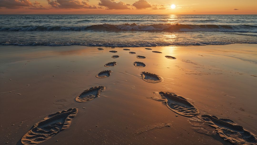 Footprints Leading into Sunset on Serene Beach