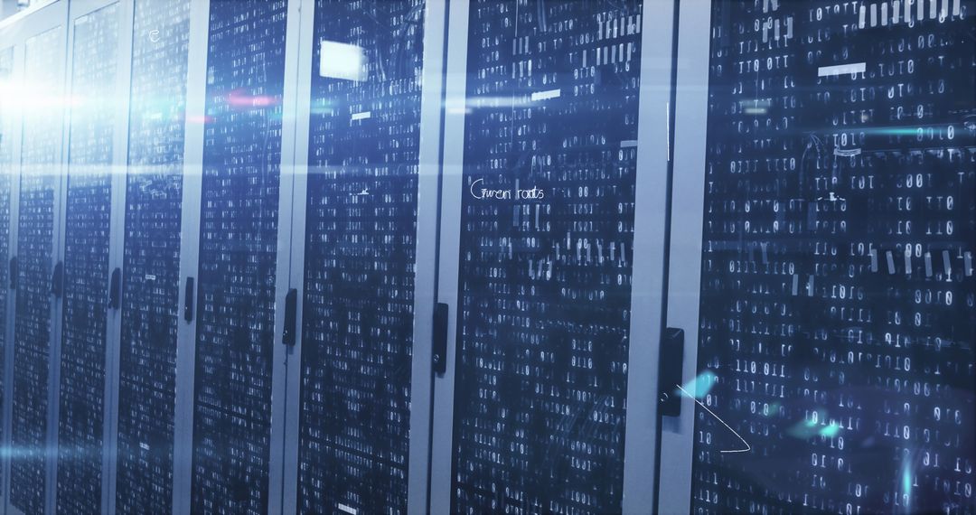 Modern Server Room with Digital Binary Code Overlay